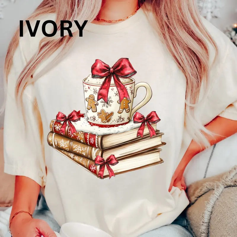 Christmas Books and Coffee Shirt~ Unisex Apparel Relaxed Fit Printed In The USA Clothing Womenswear Casual Comfort Cotton Comfort Cotton