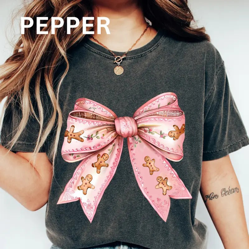 Christmas Bow Shirt, Gingerbread Coquette Bow Shirt, Christmas Cookies Shirt (COMFORT COLORS T-SHIRT, CASUAL SHIRT UNISEX, CHRISTMAS CLOTHING, GRAPHIC APPAREL, HOLIDAY SHIRT) Cotton Fabric Womenswear Top Printed Oversized Women