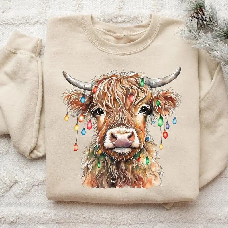 Christmas Cow Sweatshirt, Cow Lights Sweater, Cow Women Hoodie, Unisex Crewneck Sweatshirt