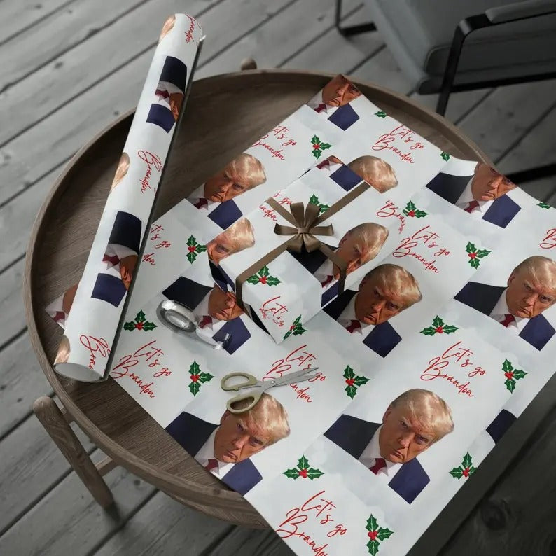 Christmas Wrapping Paper -Donald Trump Mugshot Design'Let's Go Brandon' Phrase - Unique Holiday Gift Wrap - Political Humor Gifts