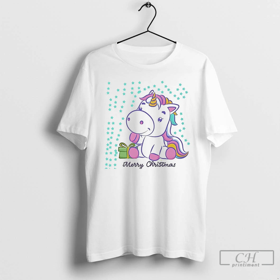 Classic Merry Christmas Unicorn Gift Box Stars White T Shirts - clothing by TeeHivey.com