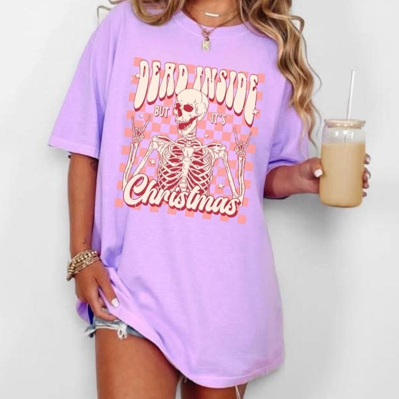 Comfort Colors Dead Inside But It's Christmas Women's Short Sleeve Casual Cotton Graphic Tshirt with Skeleton Design