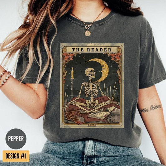 Comfort Colors The Reader Tarot Card Shirt, Skeleton Reading Shirt, Unisex Tarot Card Shirt, Book Lover Gift, Bookish Gift