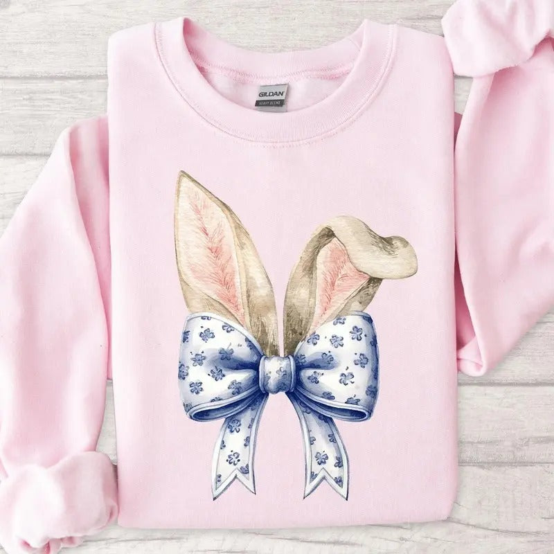 Coquette Bow Bunny Ears Sweatshirt, Cute Easter Bunny Shirt, Aesthetic Rabbit Tee, Happy Easter Gift, Soft Girl Spring Outfit,Easter Women's