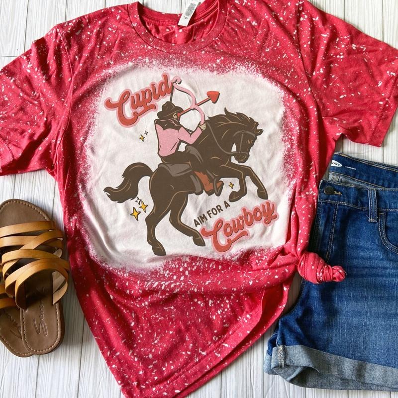 Cupid Aim For A Cowboy Bleached Shirt - Red - Sublimation Valentines Day