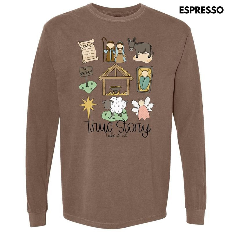 Cursive True Story Nativity Collage Long Sleeve Comfort Colors T-Shirt