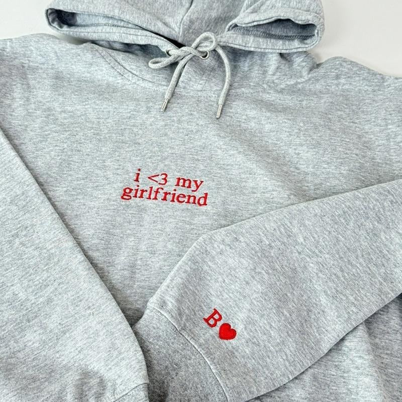 Custom Embroidered i love my girlfriend Couple Matching Initial Hoodie | Personalized Valentines Day Anniversary Gift for Him