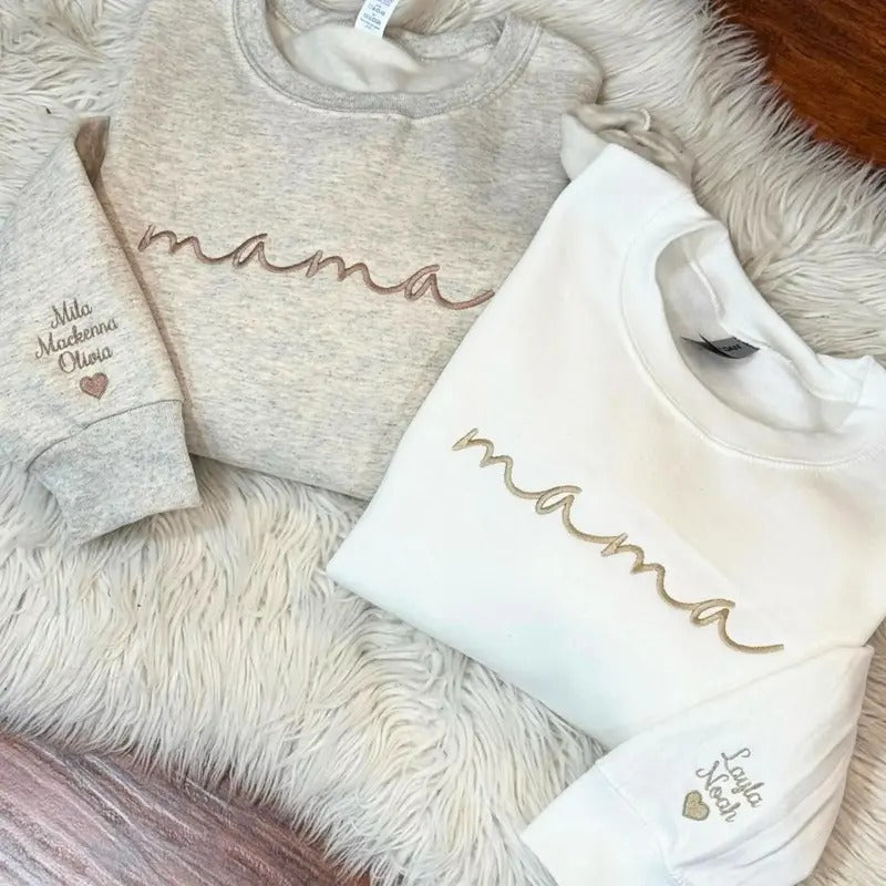 Custom Mama Embroidered Sweatshirt, Curved Neckline Mama Hoodie, Personalized Mom Embroidered Shirt, Pregnancy Announcement Sweatsgurt