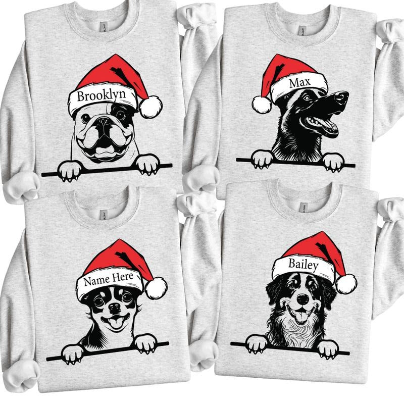 Custom Santa Hat Dogs Sweatshirt, Personalized Dog Breed and Dog Name Crewneck, Personalization Dog