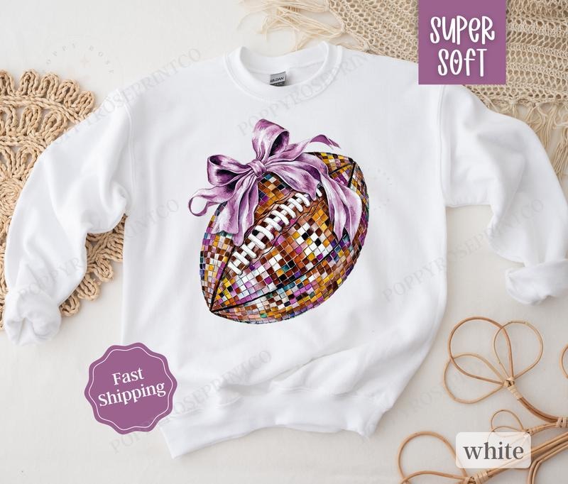 Disco Football Bow Sweatshirt, Game Day Football Crewneck, Womens Sweatshirt, Fall Sweaterstyle{n002}2