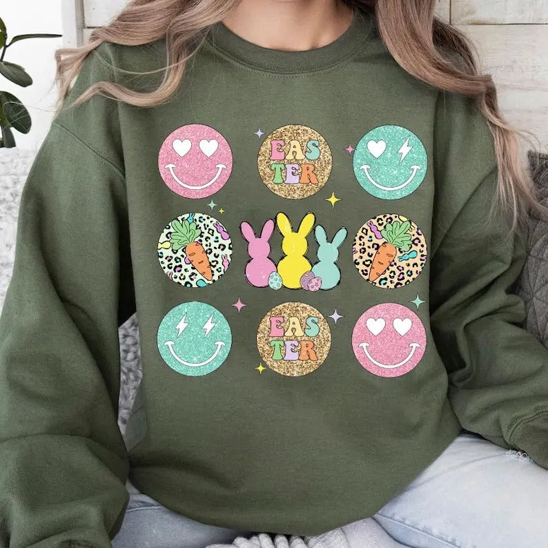 Easter Vibes Retro Shirt, Easter Bunny Tee, Leopard Smiley Bunny Shirt, Happy Easter Sweatshirt, Cute easter Shirt