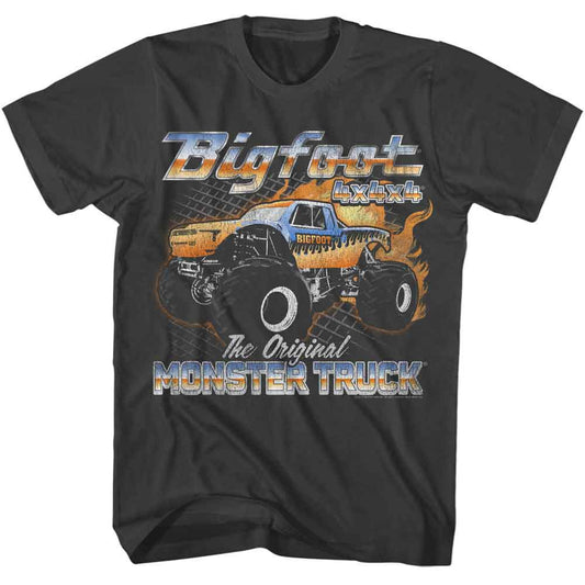 Bigfoot - Flame Truck - American Classics - Solid Gray Adult Short Sleeve T-Shirt