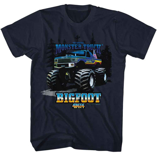 Bigfoot - Truck And Trees - American Classics - Solid Blue Adult Short Sleeve T-Shirt