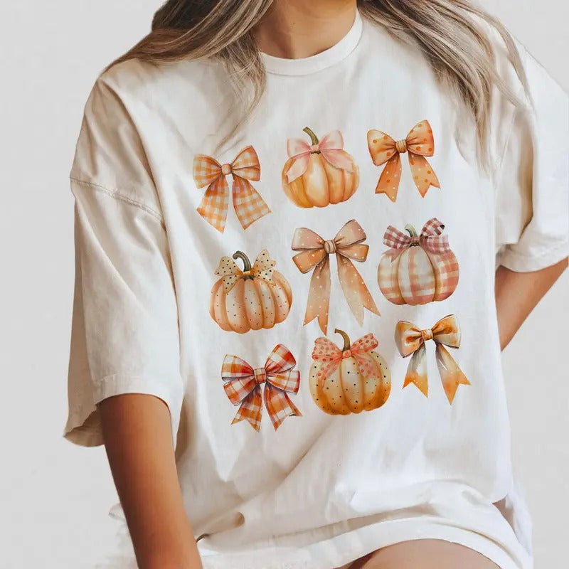 Fall Pumpkin Bow Shirt, Fall Coquette Bow Sweatshirt, Autumn Pumpkin Tee, Fall T-Shirt , Autumn Bow Shirts, Comfort Tee...