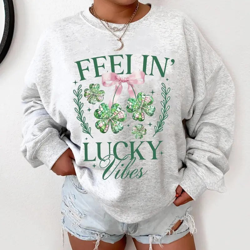 Feeling Lucky Vibes Sweatshirt, Coquette St Patrick's Day T-Shirt, Coquette Bow St Patty Tee Shirt, Lucky Charm Shirt, St Patrick Bow Sweater