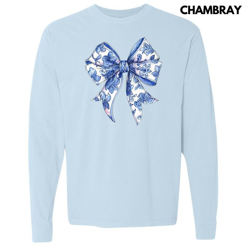 Floral Blue Big Bow Long Sleeve Comfort Colors T-Shirt 'NLB'