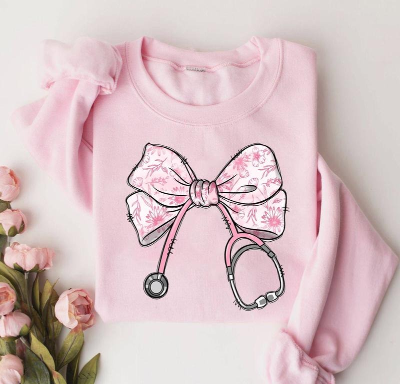 Floral Coquette Bow Nurse Sweatshirt, Nurse Coquette Sweater, Nurse Bow Ribbon Stethoscope Shirt, Nurse Ribbon Shirt, ER RN Nurse Appreciation Shirt, Nurse Shirt