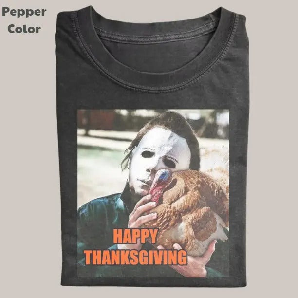 Funny Happy Thanksgiving Vintage Graphic Tee, Michael Myers T-Shirt, Movies Tee, Unisex Meme Cringe Funny Dumb Shirt, Menswear Womenswear Streetwear