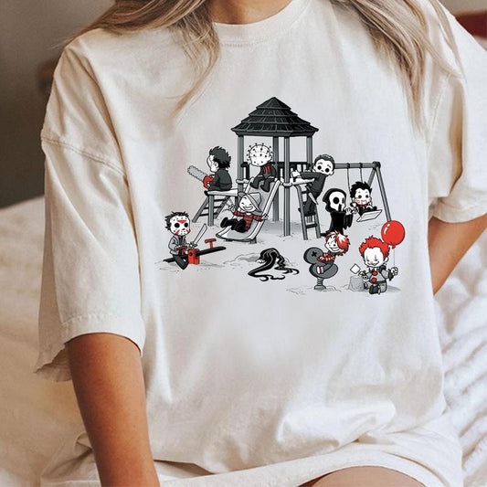 Funny Horror Characters Kids Playing In Park Shirt , Halloween Characters Shirt, Halloween 2025 Shirt ,Halloween Shirt, Horror Movie Shirt, Scary Movie Shirt