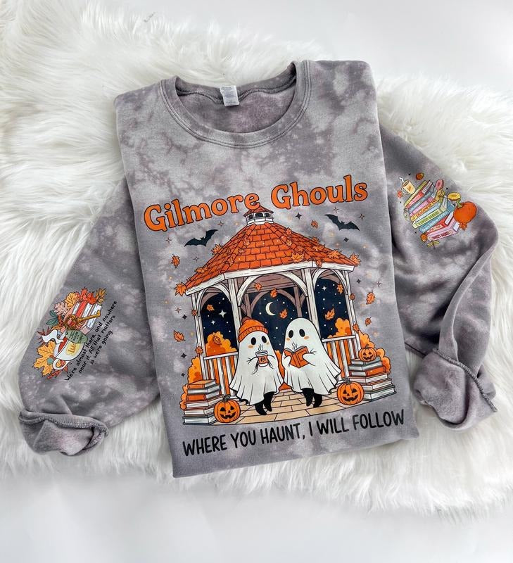Gilmore Ghouls Halloween Bleached Graphic Sweatshirt or Hoodie Unisex Womenswear Crewneck Casual Top DTF Printed Coton Poly Blend