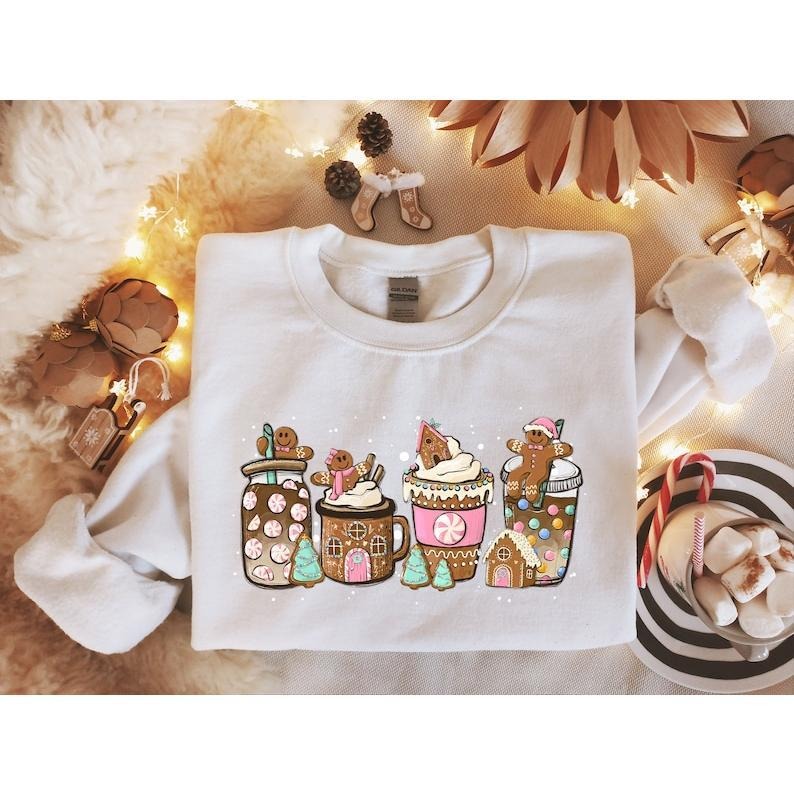 Gingerbread Christmas Coffee Sweatshirt, Christmas Coffee Sweater, Holiday Sweater, Xmas Tee, Coffee Lover Gift, Gingerbread Sweatshir, Hoodie and Sweater; T-shirt Cotton Menswear