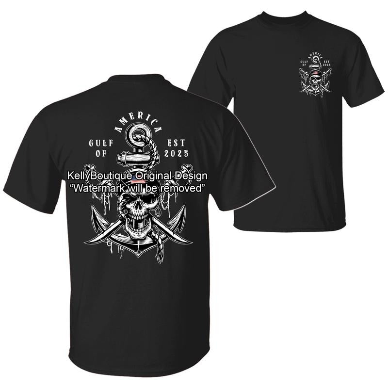 Gulf of America Est 2025 with Jolly Roger Skull and Anchor Pirate American Flag Design 2 Sided Unisex Cotton T-shirt for Men for Women Menswear Womenswear Top