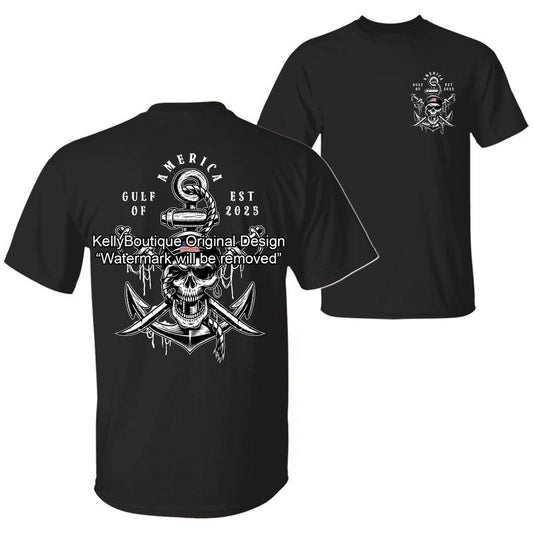 Gulf of America Est 2025 with Jolly Roger Skull and Anchor Pirate American Flag Design 2 Sided Unisex Cotton T-shirt for Men for Women Menswear Womenswear Top