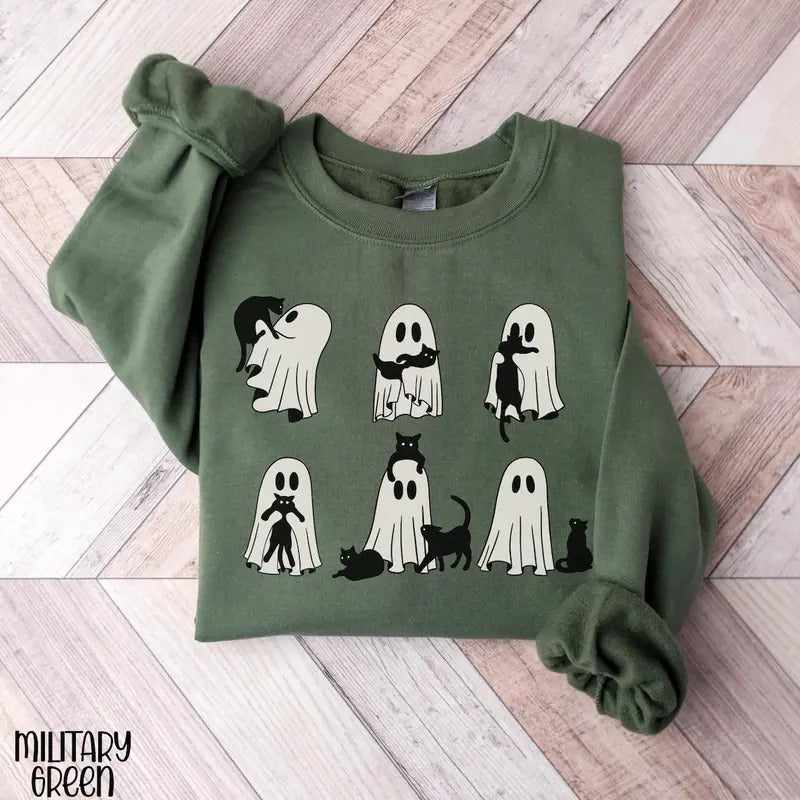 Halloween Cat Sweatshirt, Ghost Cat Crewneck, Sweatshirt for Cat Lover, Spooky Season Shirt, Ghost Sweatshirt for Halloween Cotton Sweaters Menswear Hoodie