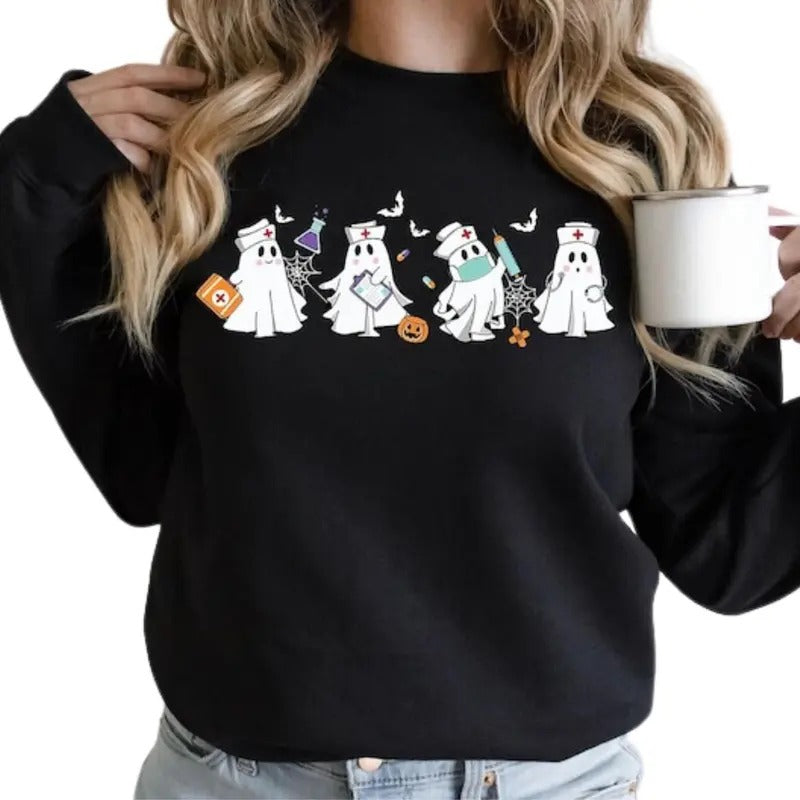 Halloween Nurse Sweatshirt, Halloween Nursing Sweatshirt, Cute Nurse shirt, Nurse Tank Top, Party Halloween Shirt, Unisex Black Friday Spooky Season Collar Menswear Fashion Sweaters Garment