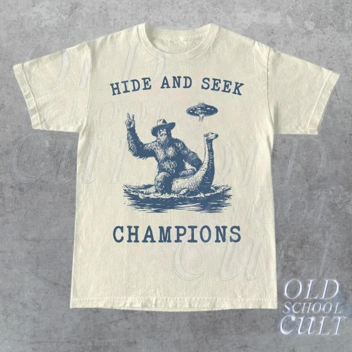 Hide And Seek Ufo Tshirt, Retro Bigfoot Shirt, Bigfoot Riding Dinosaur Shirt - clothing by TeeHivey.com