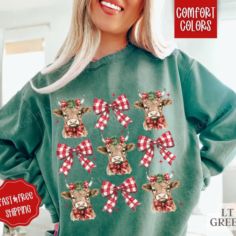 Highland Cow Christmas Comfort Colors Sweatshirt, Holiday Sweater Womenswear Xmas Crewneck