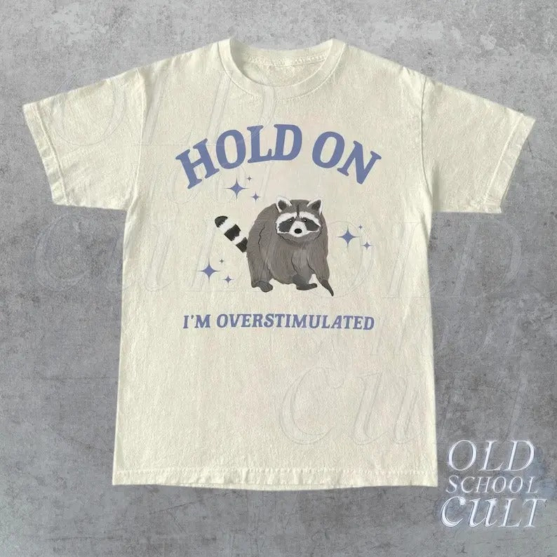Hold On I'm Overstimulated T-Shirt, Retro Unisex Adult T Shirt, Funny Raccoon Shirt, Meme T Shirt, Relaxed Cotton Shirt,Funny Friends Gifts