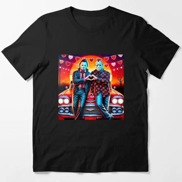 Horror Characters Valentine Shirt, Pink Heart Valentine Horror Sweatshirt, Scary Movie Valentine Hoodie, Love XOXO Heart