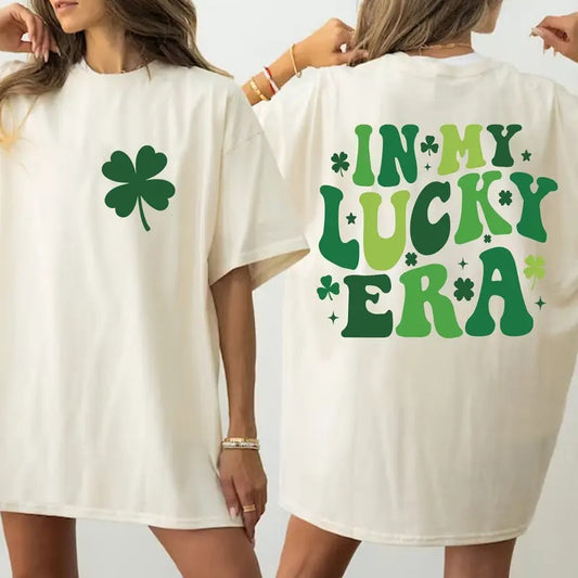 In My Lucky Era Irish Shamrock St Patrick's Day 2 Sided Graphic Printed Unisex Classic Cotton T-shirt Sweatshirt Hoodie