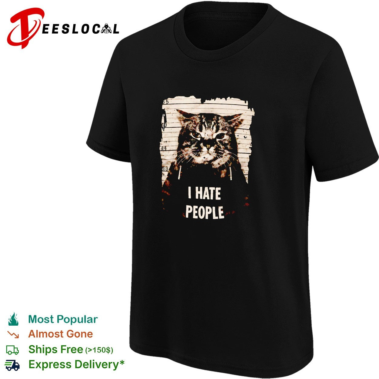 Jeff Satur wearing cat mugshot I hate p[eople shirt