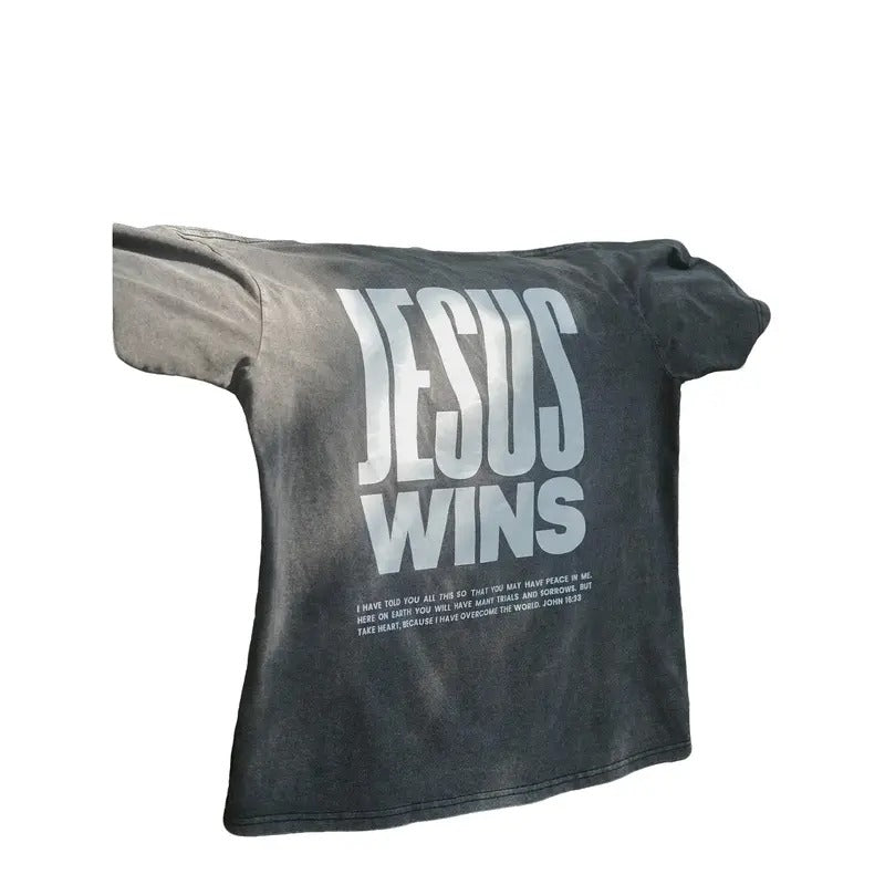 Jesus Wins Oversized Acid Washed T-shirt Heavy Weight material Christian apparel street wear Cotton Polyester