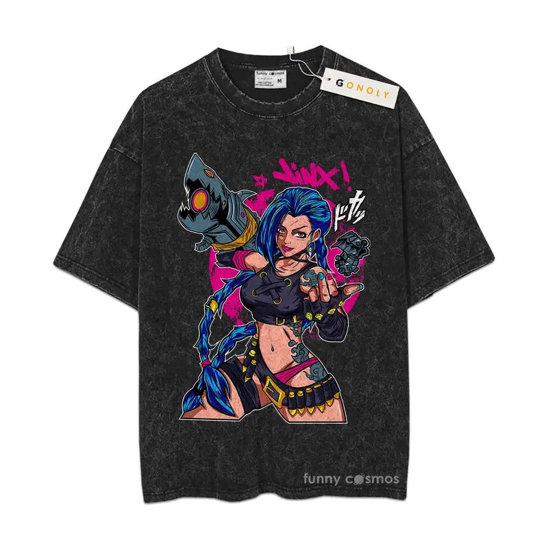 Jinx Arcane Mineral Wash TShirt Japanese Anime Cartoon Jinx Black Mineral Wash TShirt 043 Printed Cotton Mineral Wash TShirt