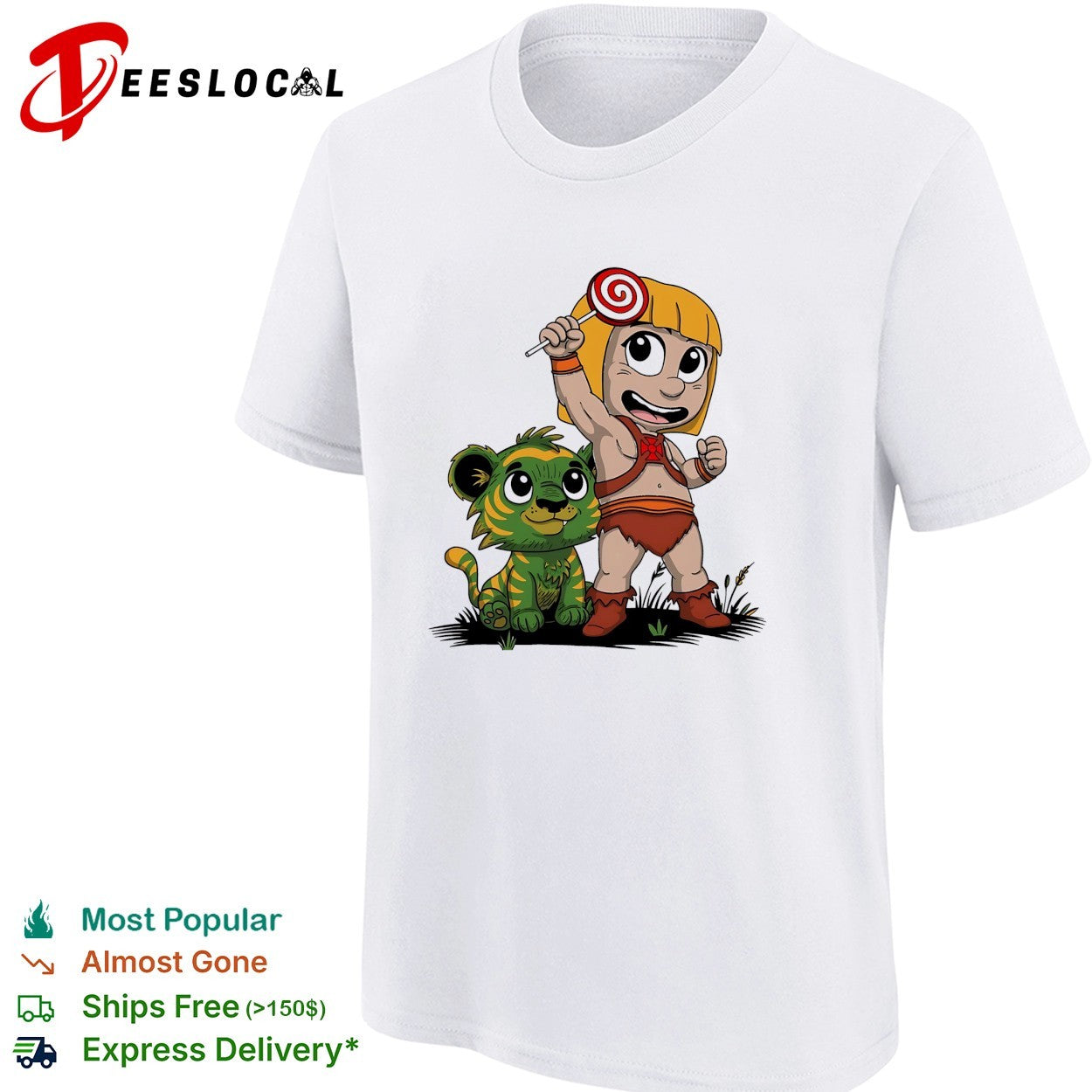 Jungle kid holding lollipop with tiger cub shirt