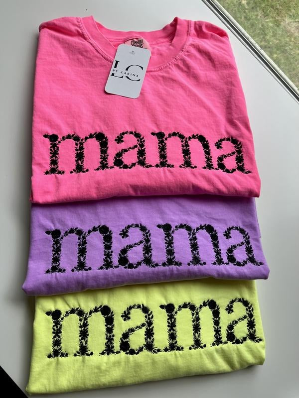 LC Bright Embroidered MAMA T-Shirt Comfort Colors Tee for Moms Neon Pink Purple Yellow Floral Stitch Detail Trendy Mom Shirt 2025 Summer Style