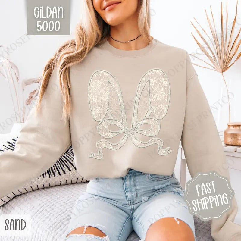 Lace Bunny Ears Sweatshirt, Easter Crewneck, Trendy Bunny Women's Sweater, Gift for Her