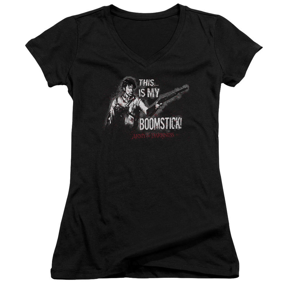 Army Of Darkness Boomstick Junior Sheer Cap Sleeve V-Neck Womens T Shirt Black - clothing by TeeHivey.com