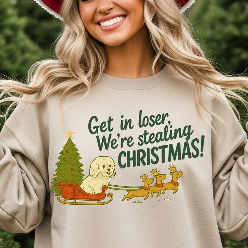 Maltese Stealing Christmas Crewneck, Funny Dog Mom Sweatshirt Women's Unisex