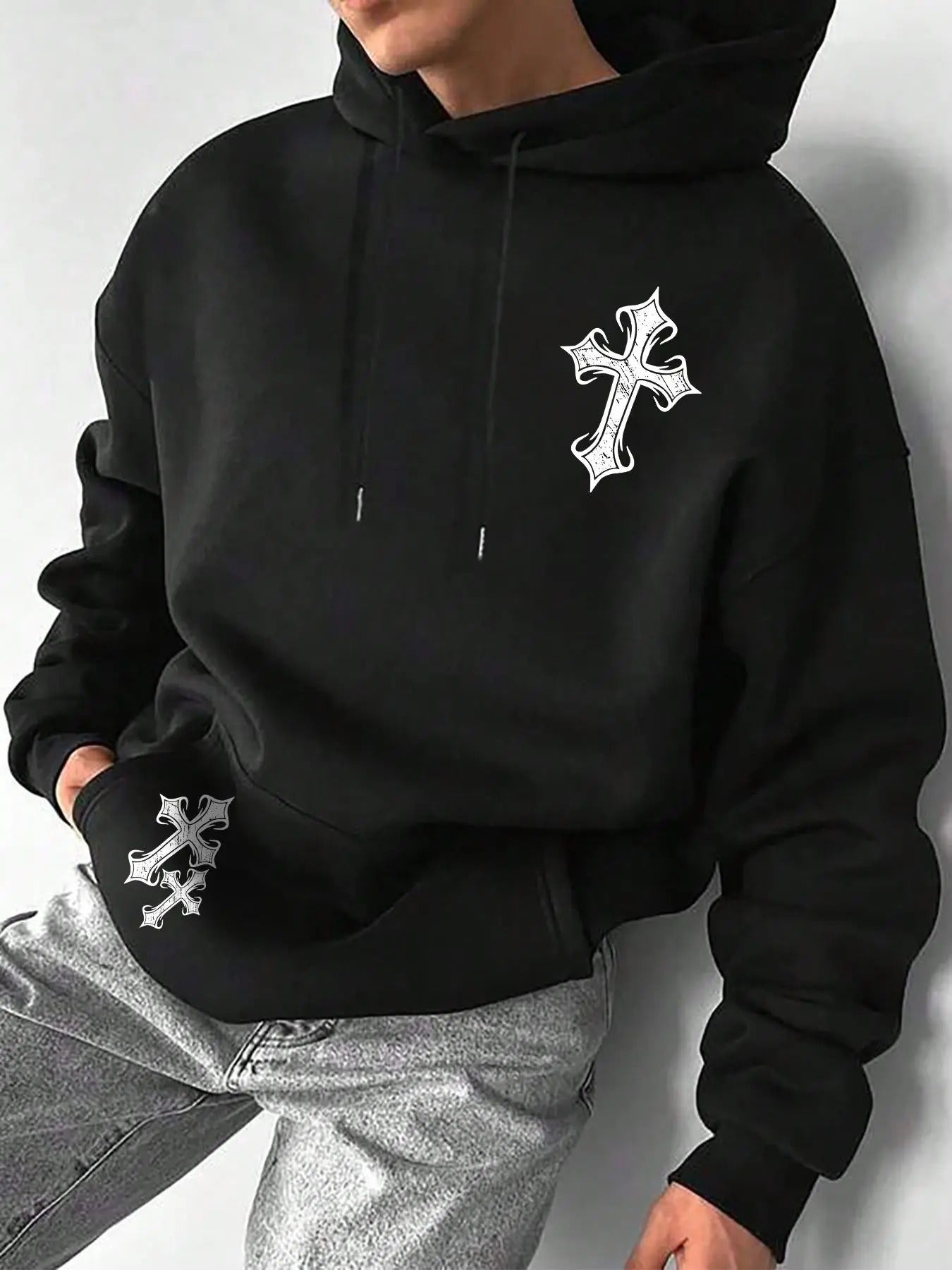 Men's Cross Print Drop Shoulder Hoodie, Fashion Casual Regular Fit Drawstring Pocket Hooded Sweatshirt for Daily Holiday...