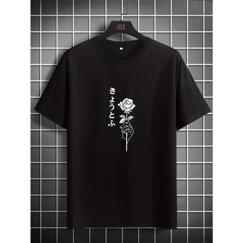 Mens Fashionable Rose Pattern T-Shirt - Casual Street Style, Stretch Round Neck Tee - Lightweight & Breathable for Summer...