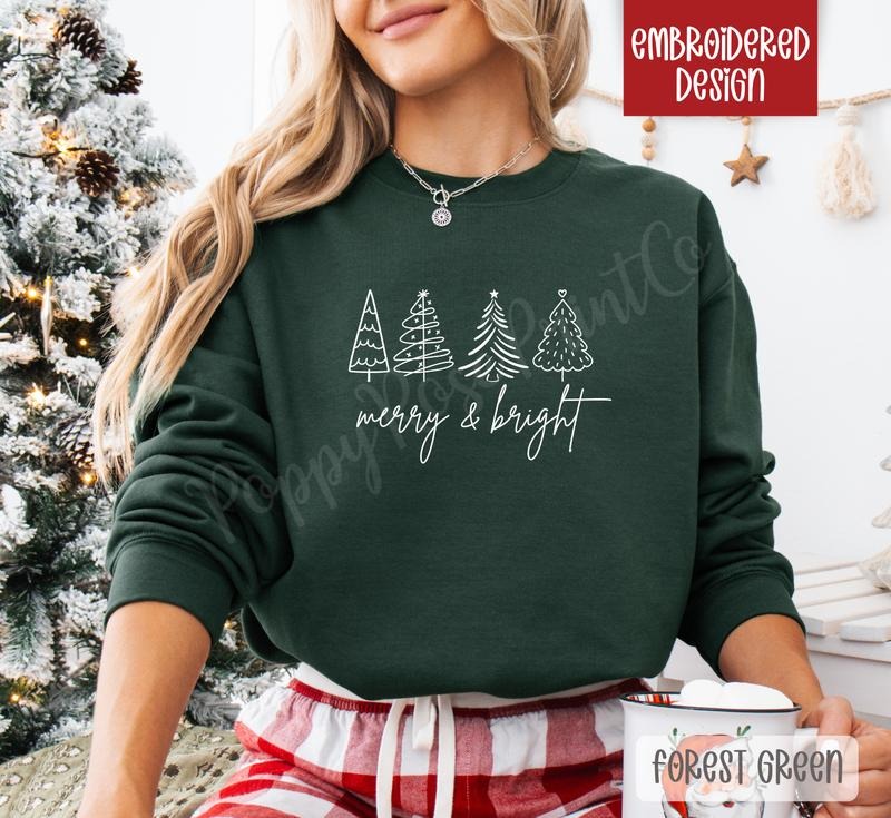 Merry & Bright Embroidered Christmas Sweatshirt, Holiday Crewneck, Xmas Sweater