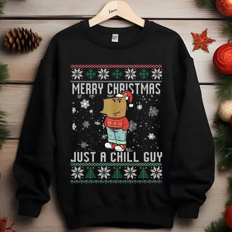Merry Christmas Just A Chill Guy Meme Shirt, Just A Chill Guy Ugly Christmas Sweatshirt and Hoodie