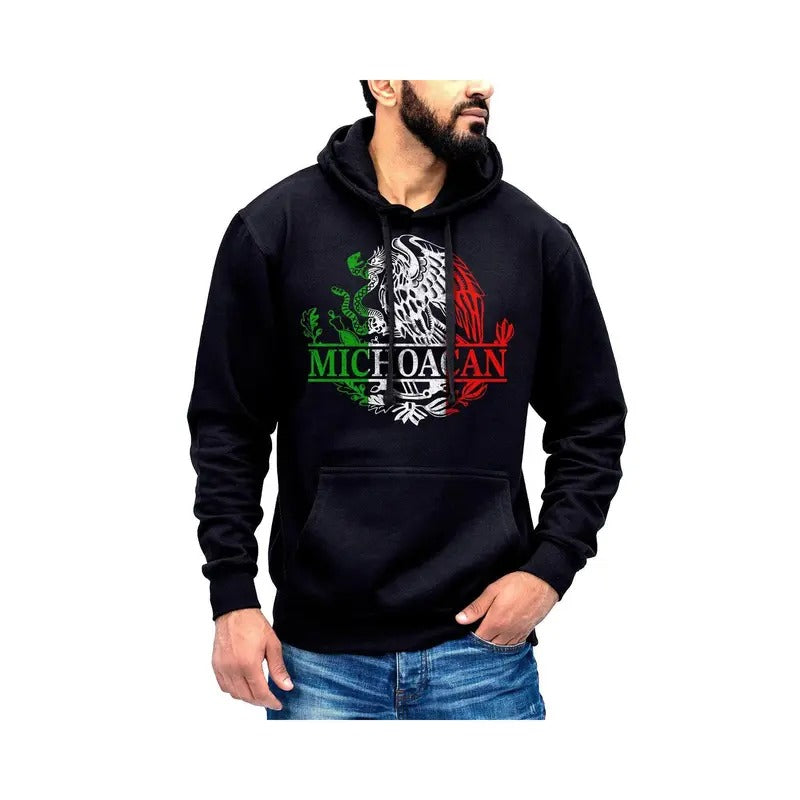 Michoacan Mexico Eagle Emblem Hoodie Sweatshirt Cotton Fabric Menswear Breathable Kangaroo Pocket Print Tops Pullover Soft Casual Long Sleeve Wetsuit