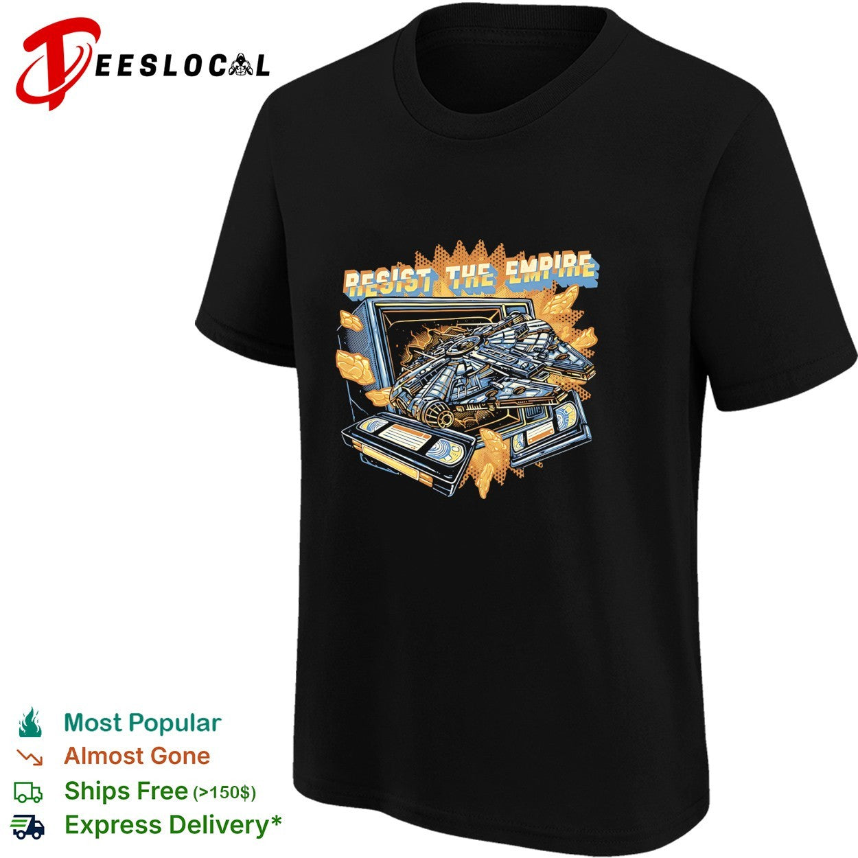 Millennium Falcon bursting through TV resist the empire shirt