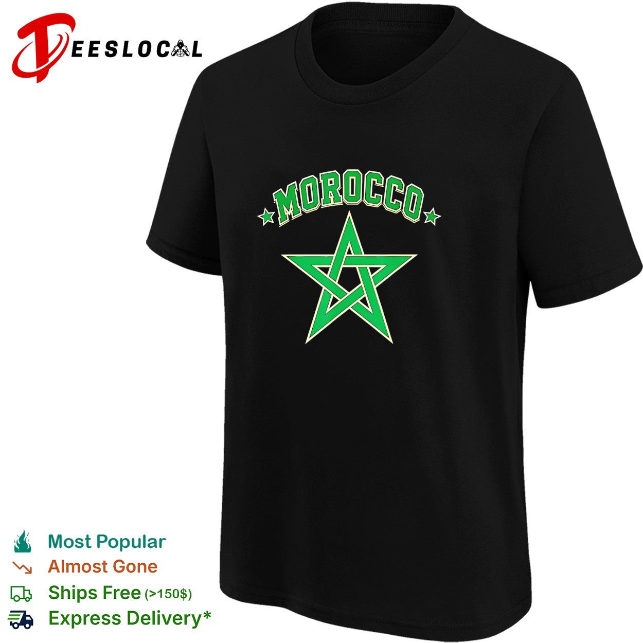 Morocco national team star pentagram arch varsity lettering soccer fan shirt