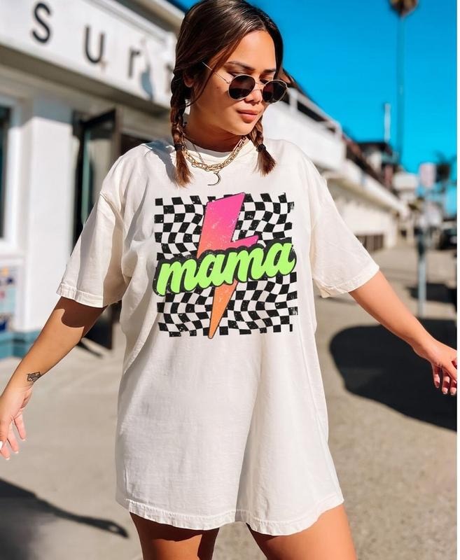 Neon Mama Tshirt, Checkered Mama Shirt, Lightning Bolt TShirt, Mothers Day Gift, Retro Checkered Mom Tee, Gift for Her Top Womenswear Summer